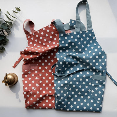 red and blue polka dot apron