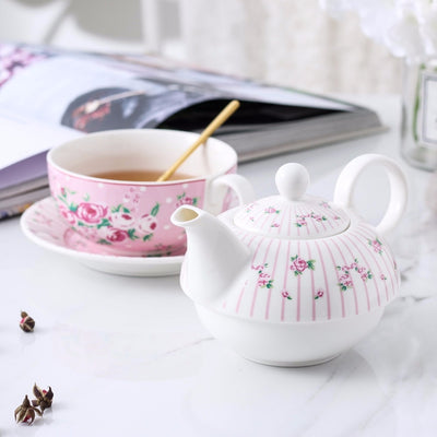 pink and white floral tea pot set